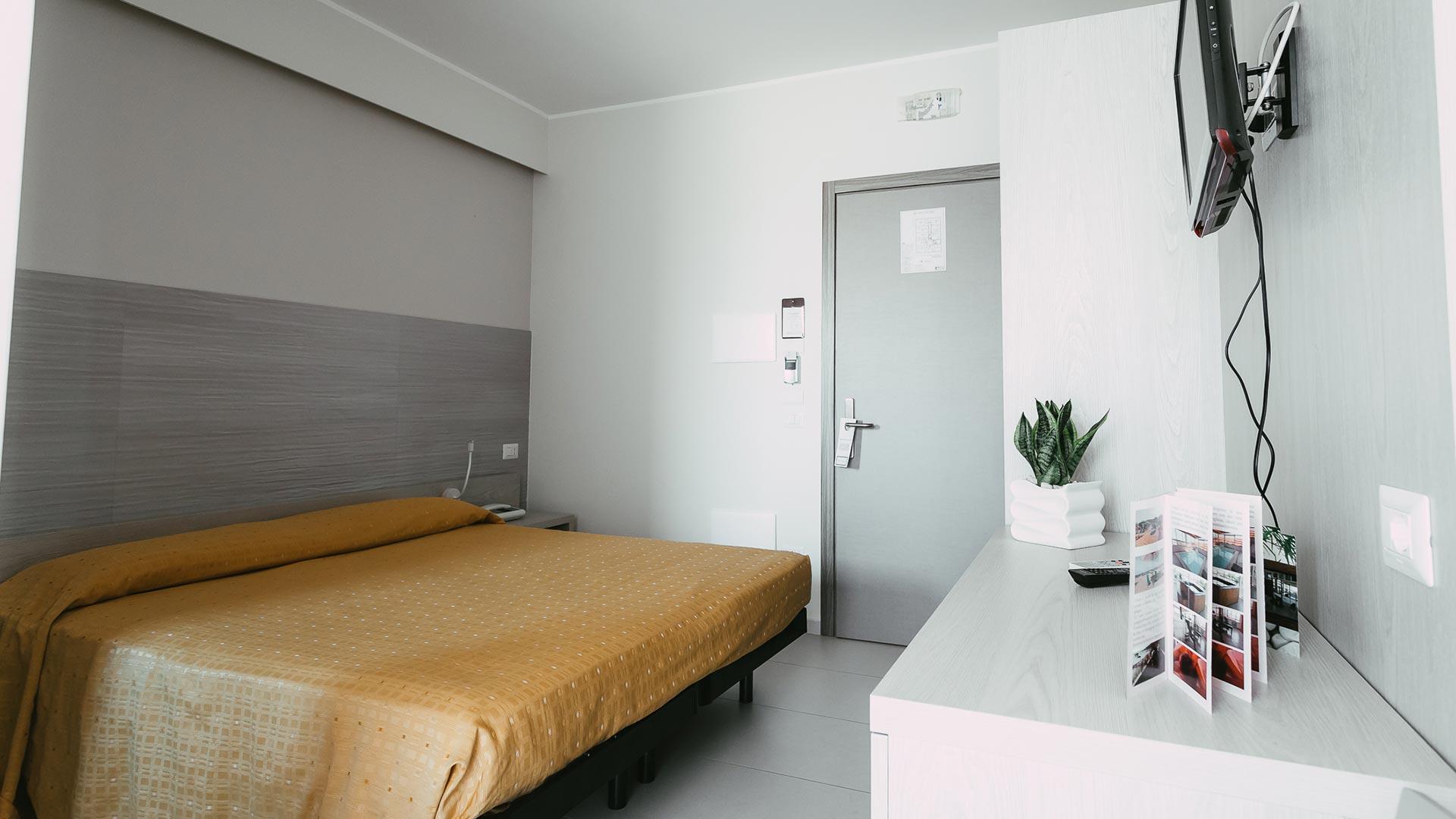 Camera d'albergo semplice con letto matrimoniale, TV e pianta decorativa.